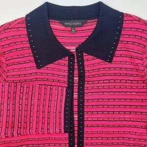 Ming Wang Open Knit Jacket Women's Large Pink Black Studded Trim Cardigan
